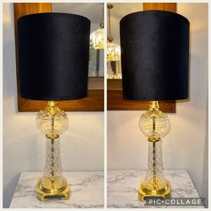 Pair of MCM Brass & Glass Lamps•Vintage Hollywood Regency
